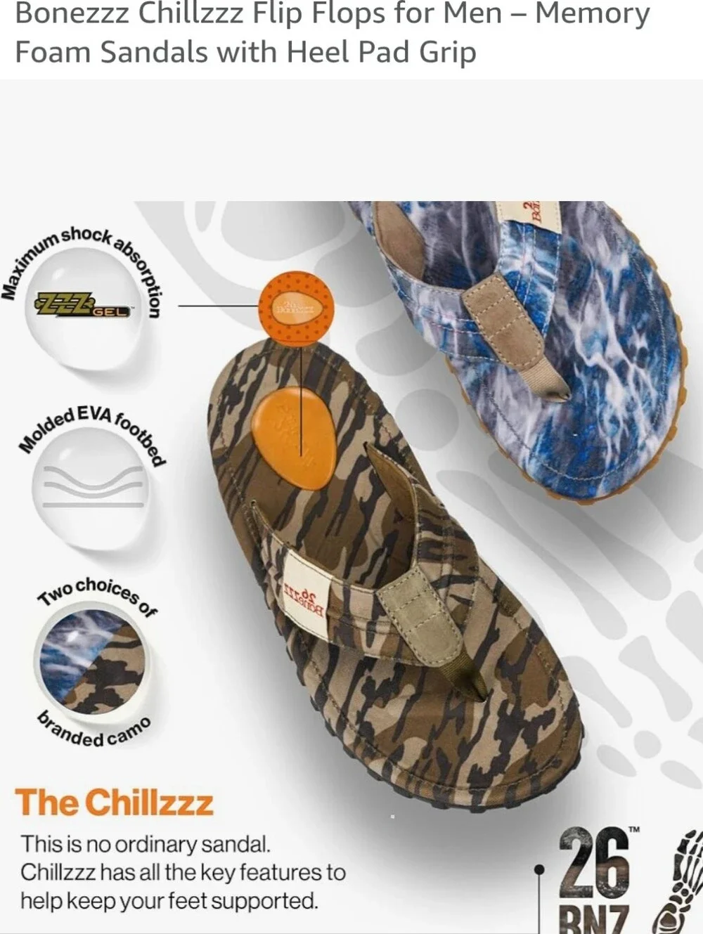 Bonezzz Chillzzz Flip Flops for Men – Memory Foam Sandals with Heel Pad G
